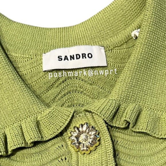 SANDRO 🌻 Lina Knit Ruffle Tank Top Blouse Gold Button Down Olive Green XS 0 1 - Picture 5 of 12